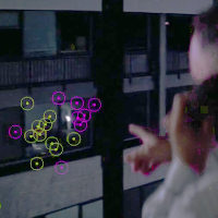 Forrest pointing to flashlights in the Watergate building,
             with eyetracking data overlaid.